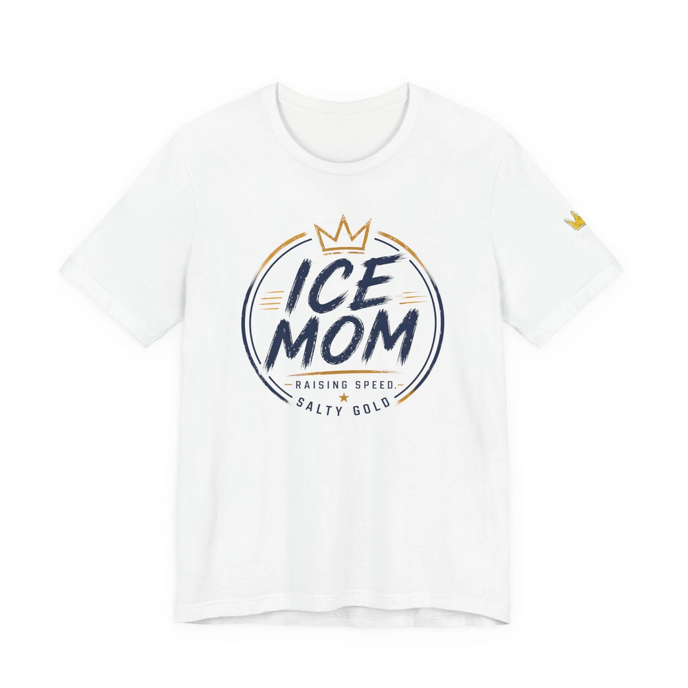 White Ice Mom tee with navy blue and gold crown design. Raising Speed Salty Gold logo.