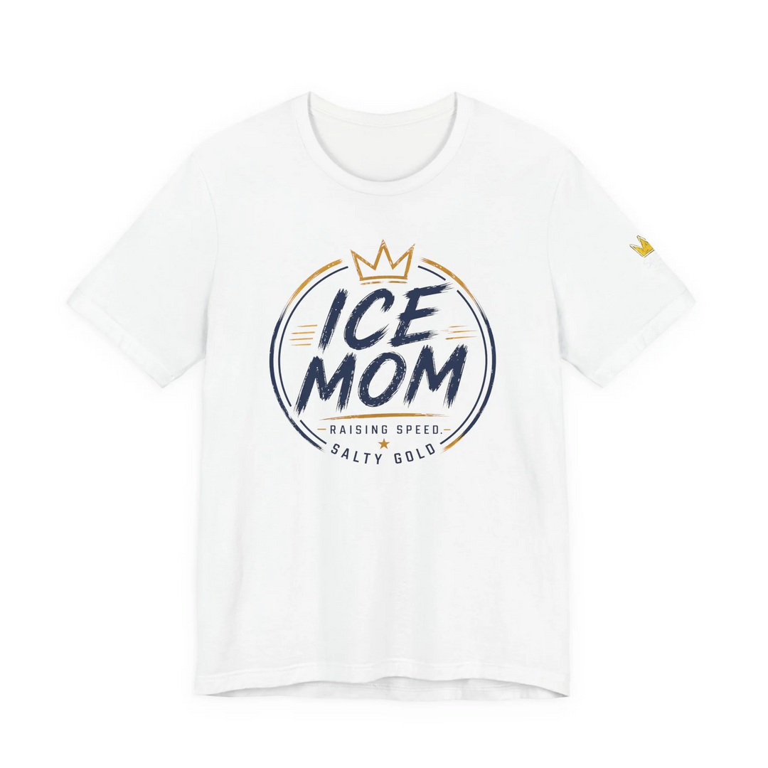 White Ice Mom tee with navy blue and gold crown design. Raising Speed Salty Gold logo.