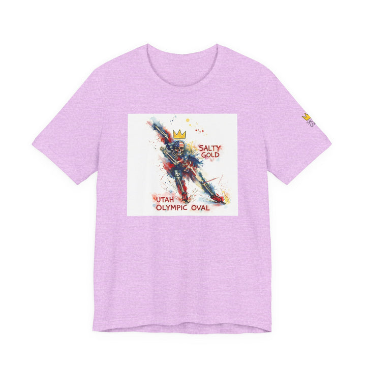 Salty Gold Long Track Skeleton Tee, lavender shirt with colorful watercolor skeleton skater, Utah Olympic Oval.