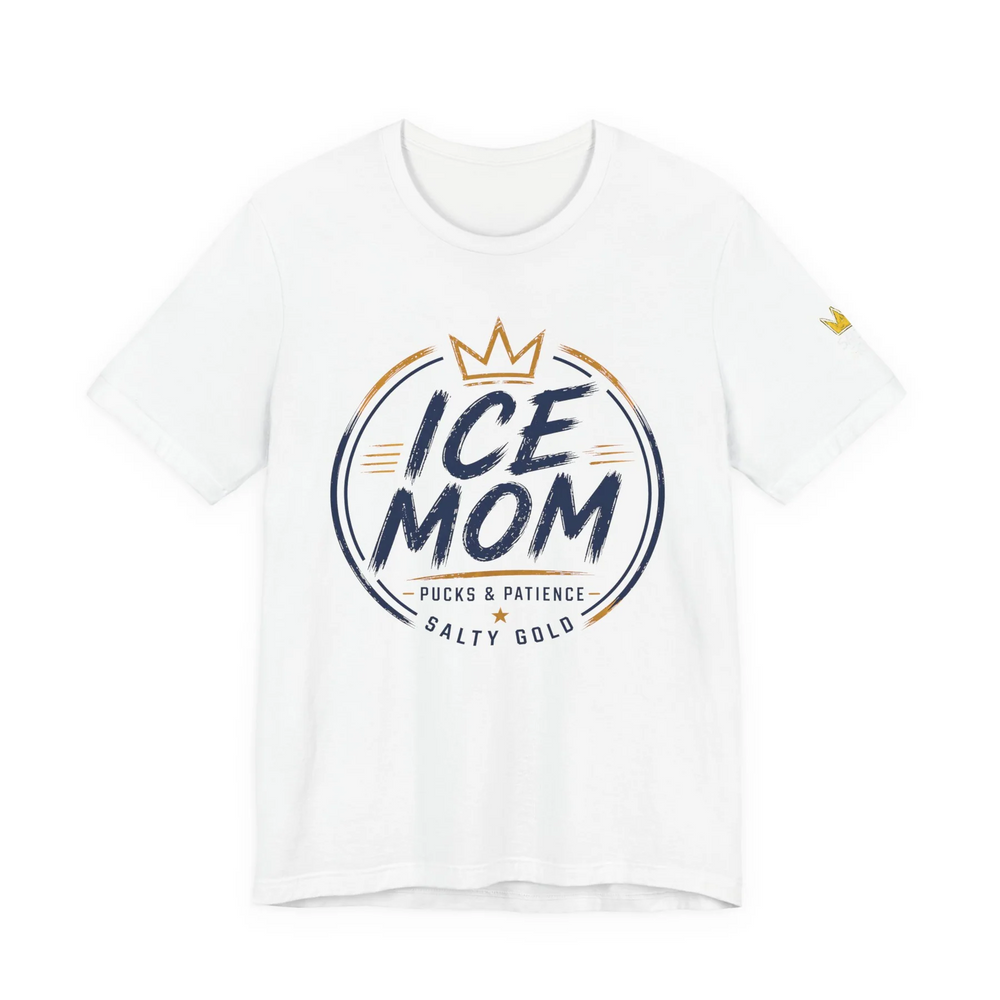 White Ice Mom Pucks & Patience tee featuring navy & gold distressed graphic and Salty Gold crown.