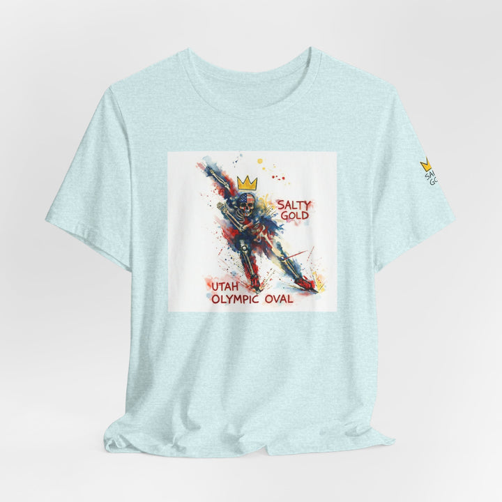 Salty Gold light blue tee, colorful long track skeleton skater design, Utah Olympic Oval.