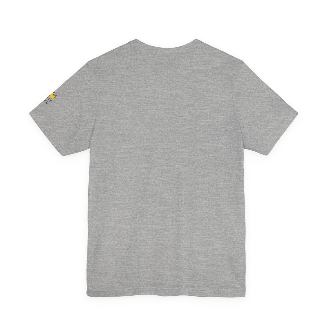 Salty Gold Skeleton Figure Skating grey tee, back view with yellow crown logo. Gold &amp; grey t-shirt.