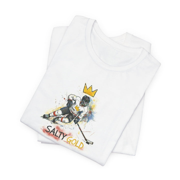 White Salty Gold Olympic Oval short track tee with skeleton hockey player graphic.