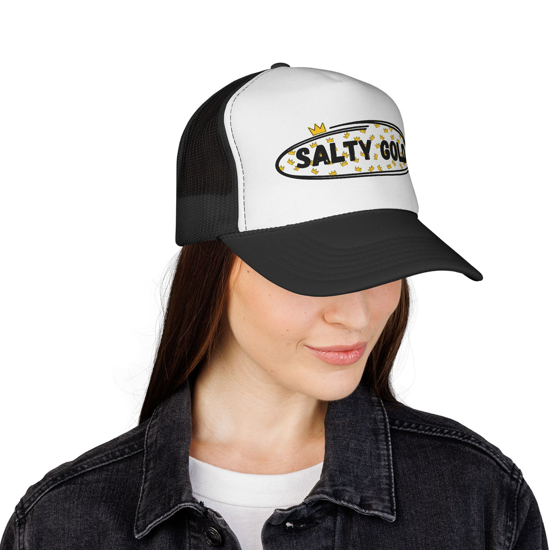 Salty Gold Trucker Cap — Crowned Leopard Logo Mesh Hat