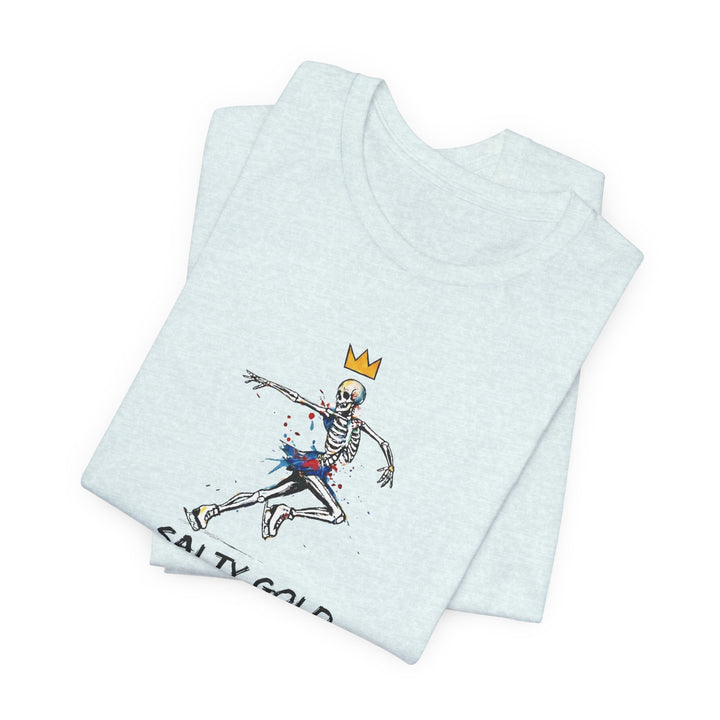Light gray Salty Gold Skeleton Figure Skating tee, folded, with colorful dancing skeleton and gold crown design.