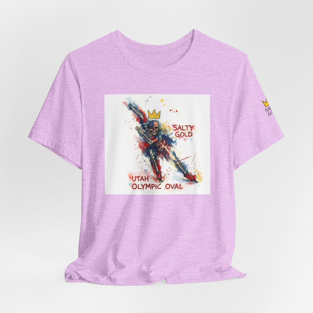 Purple Salty Gold Long Track Skeleton Tee with colorful skeleton design and Utah Olympic Oval text.