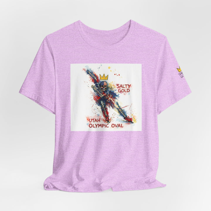Purple Salty Gold Long Track Skeleton Tee with colorful skeleton design and Utah Olympic Oval text.