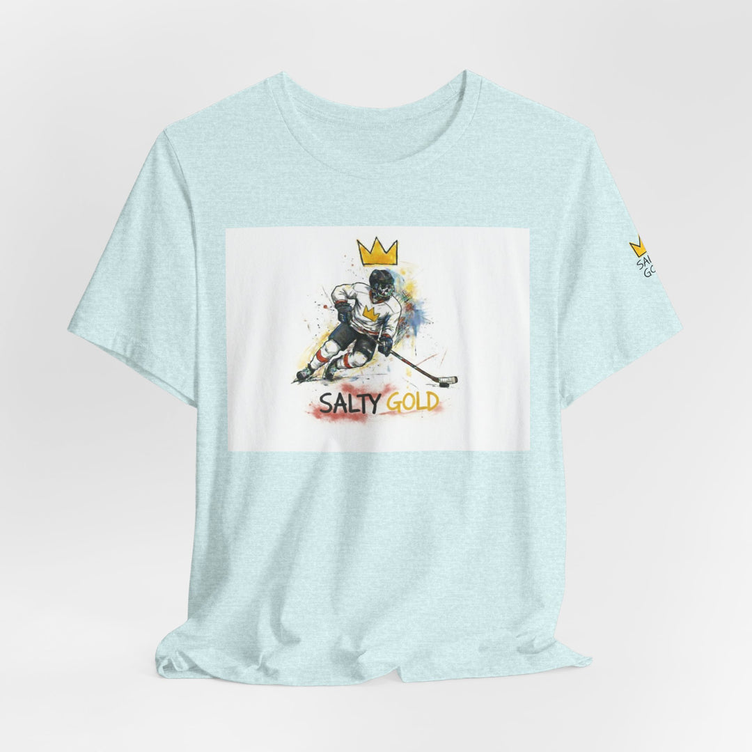 Light blue Salty Gold Olympic Oval Short Track tee with skater &amp; crown design.