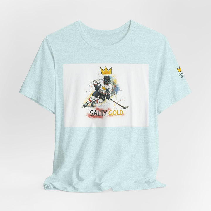 Light blue Salty Gold Olympic Oval Short Track tee with skater &amp; crown design.