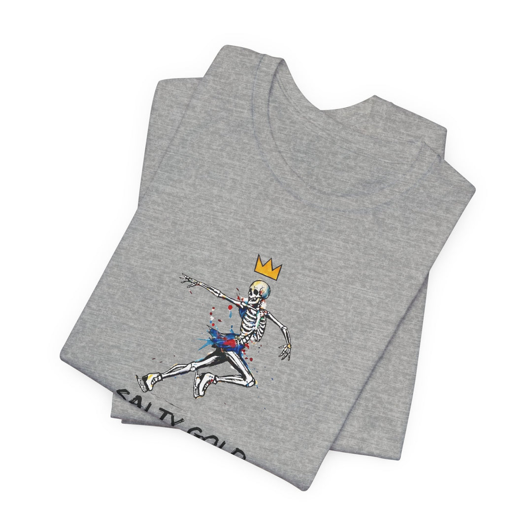 Gray Salty Gold Skeleton Figure Skating Tee with colorful paint splatters and a gold crown.