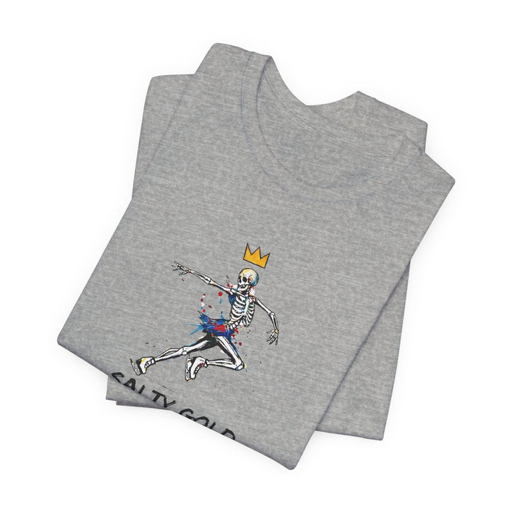 Gray Salty Gold Skeleton Figure Skating Tee with colorful paint splatters and a gold crown.