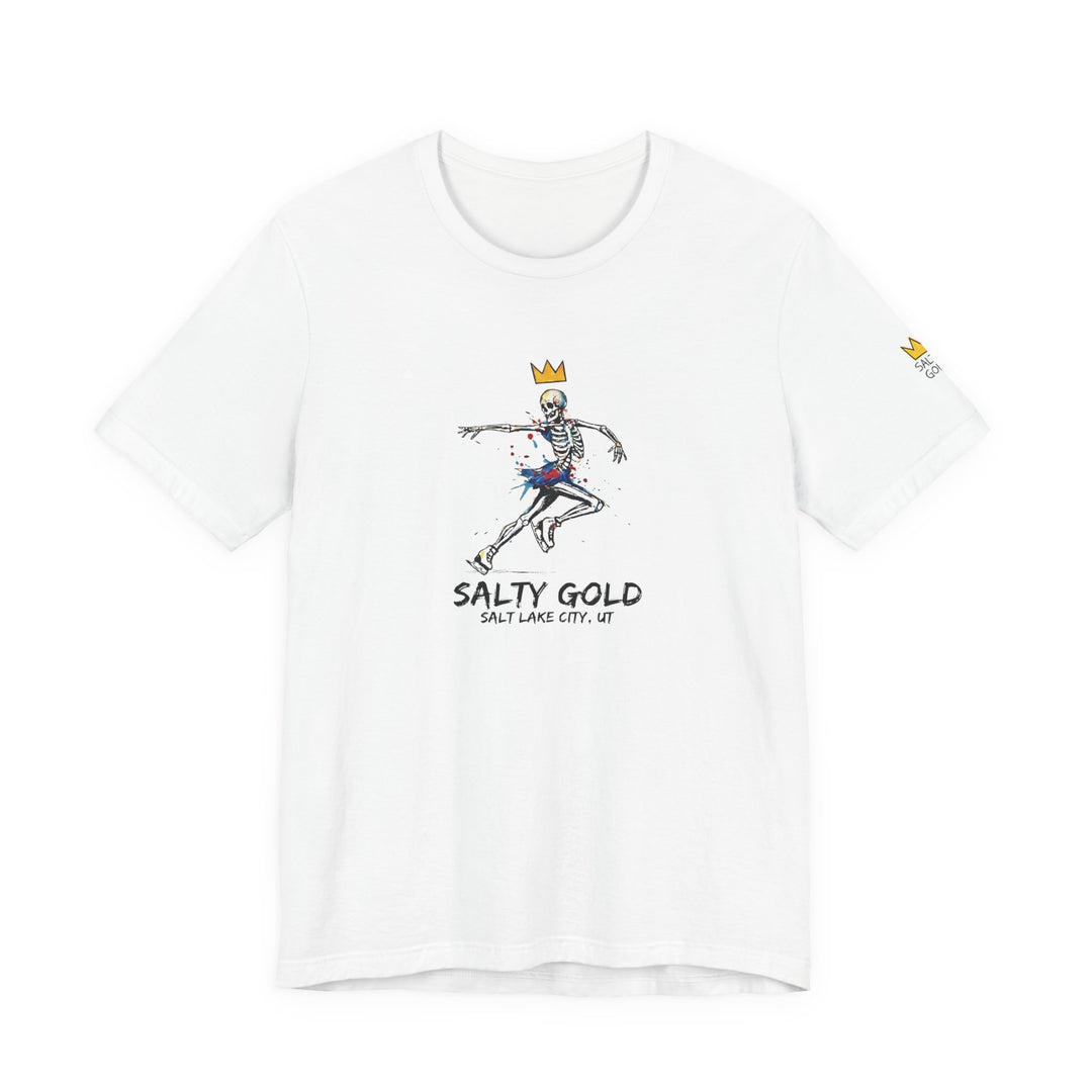 White Salty Gold t-shirt with a skeleton figure skater wearing a gold crown. Colorful design. Salt Lake City, UT.