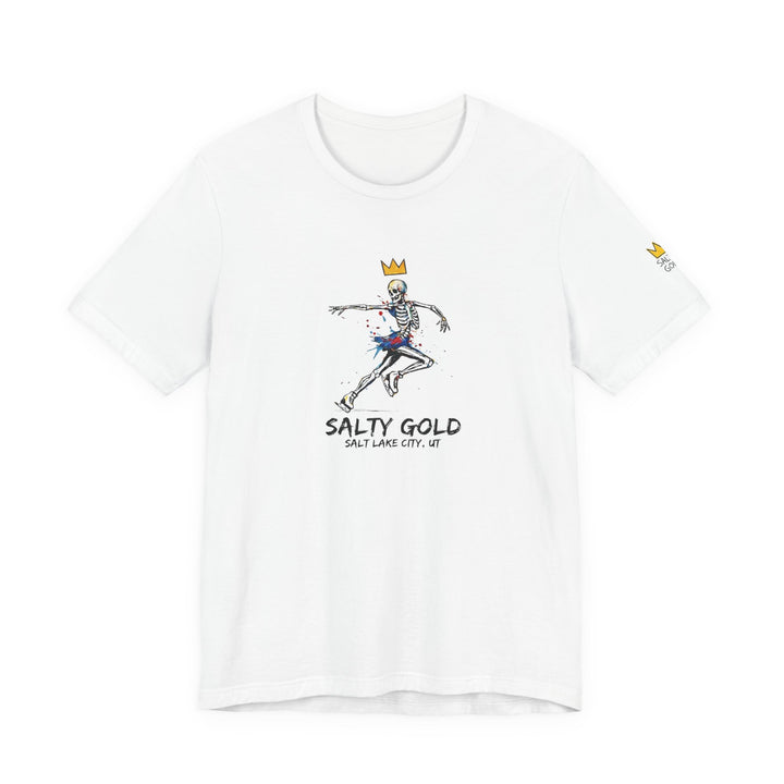 White Salty Gold t-shirt with a skeleton figure skater wearing a gold crown. Colorful design. Salt Lake City, UT.