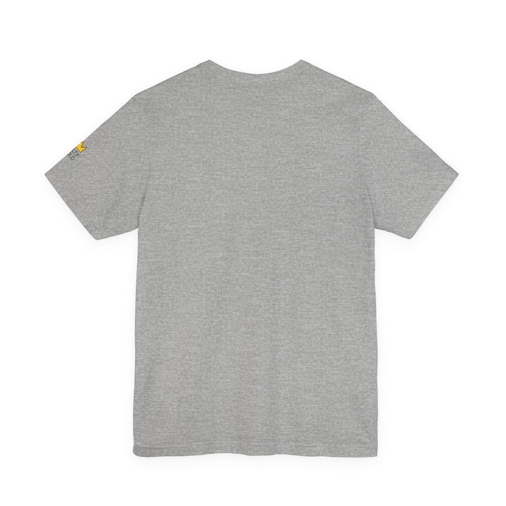 Back of grey Salty Gold Olympic Oval Skeleton Short Track Tee with yellow logo on sleeve.