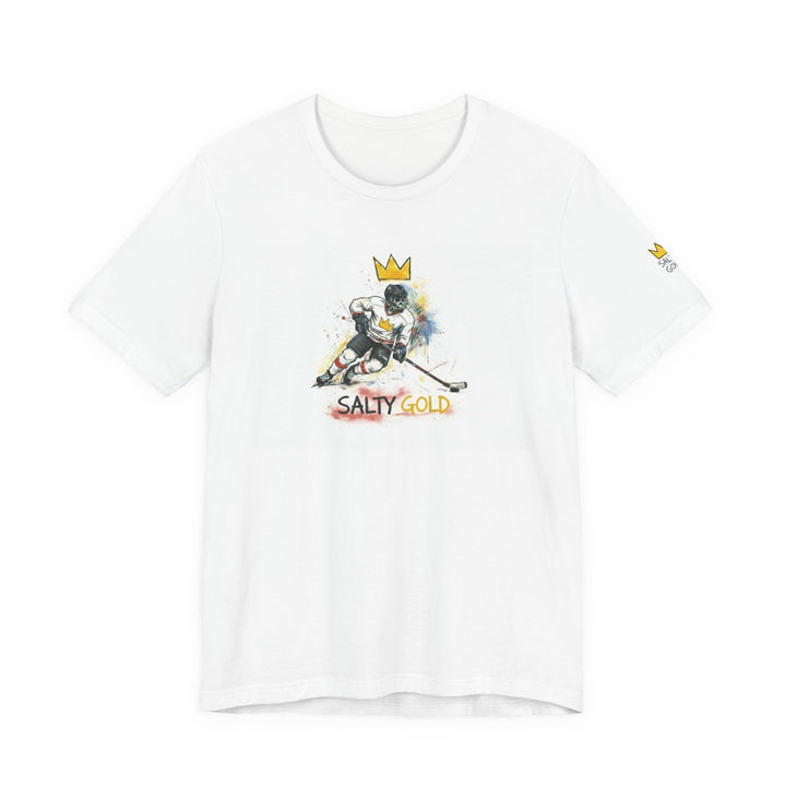 White Salty Gold Olympic Oval short track tee with skeleton skater graphic and gold crown.