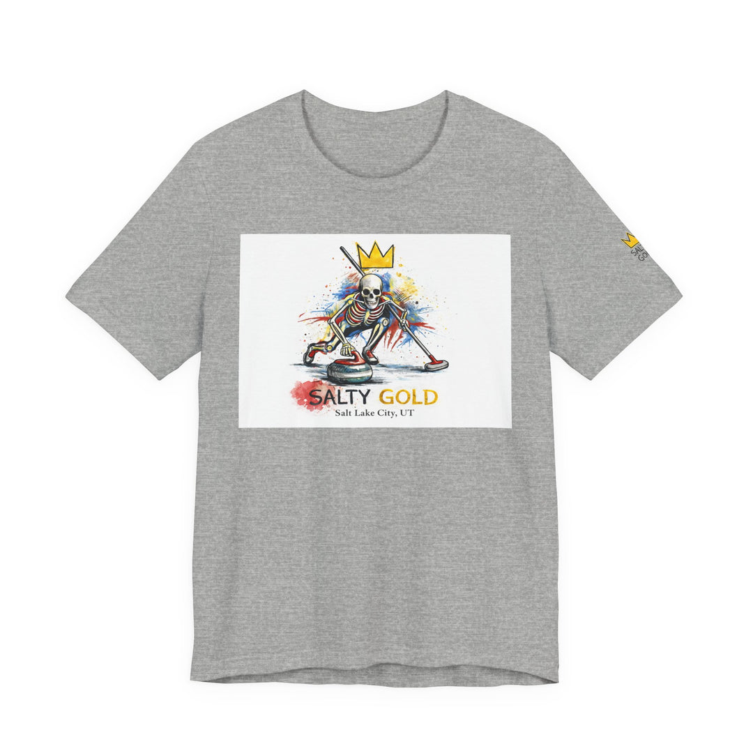 Salty Gold Skeleton Curling Sweep Tee, grey, gold crown, colorful watercolor art.