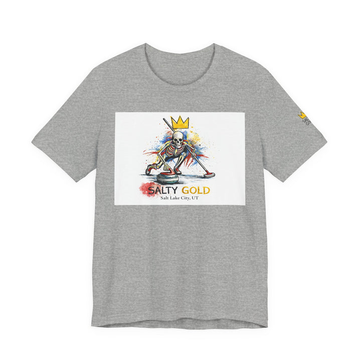 Salty Gold Skeleton Curling Sweep Tee, grey, gold crown, colorful watercolor art.