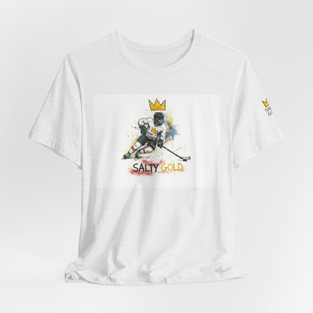 White Salty Gold tee with skeleton hockey player, gold crown, colorful design. Olympic short track tee.
