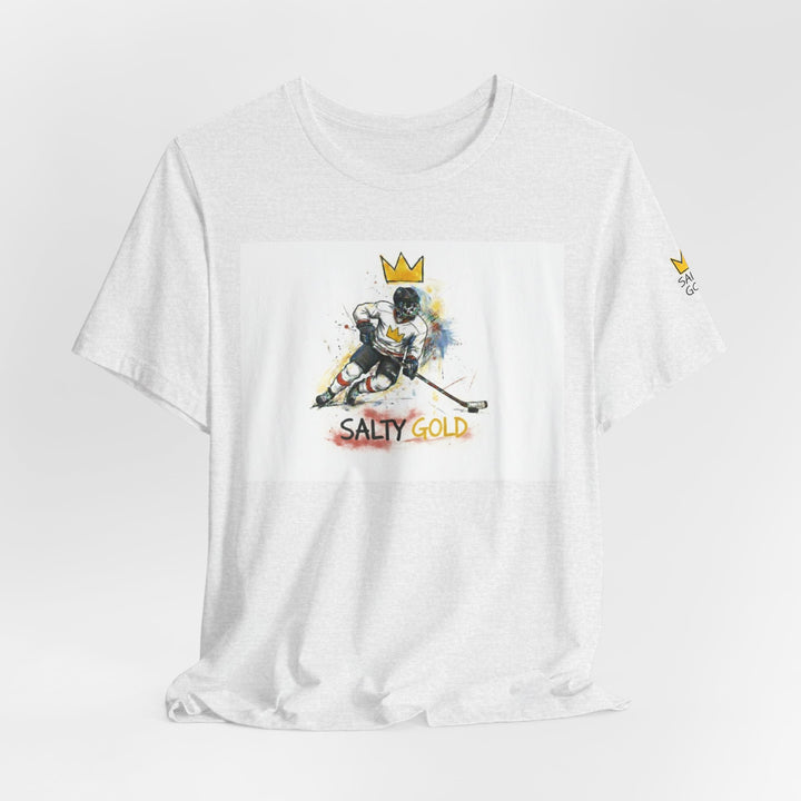 White Salty Gold tee with skeleton hockey player, gold crown, colorful design. Olympic short track tee.