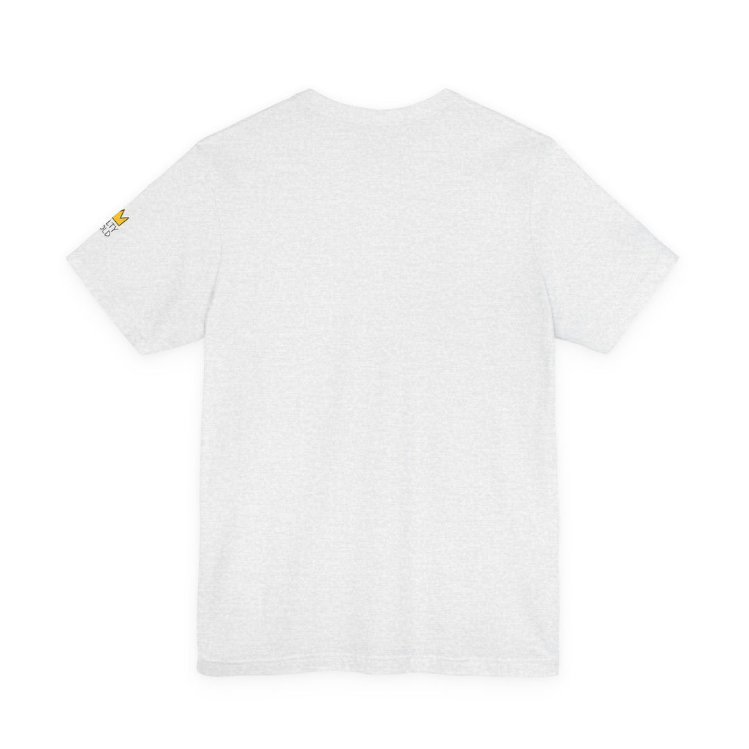 Salty Gold Long Track Skeleton Tee, heather grey t-shirt. Gold &amp; black sleeve graphic.
