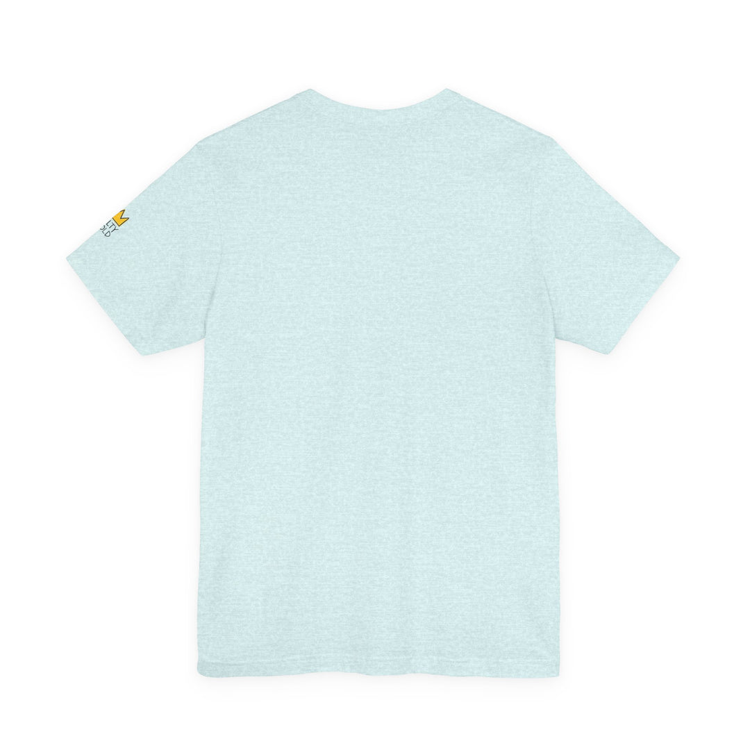 Salty Gold Long Track Skeleton Tee. Light blue heather tee with small gold logo on sleeve.