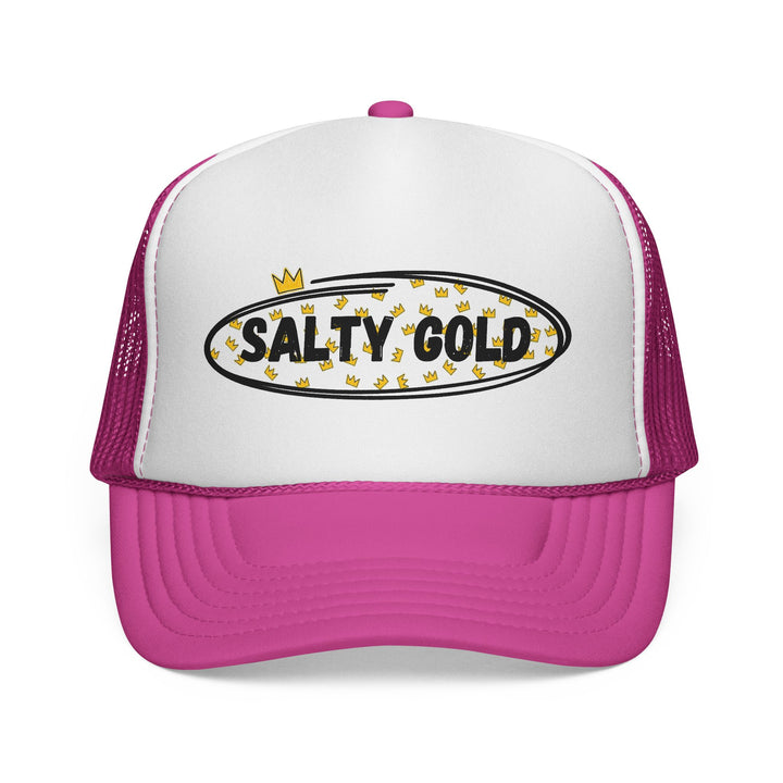 Salty Gold Trucker Cap — Crowned Leopard Logo Mesh Hat