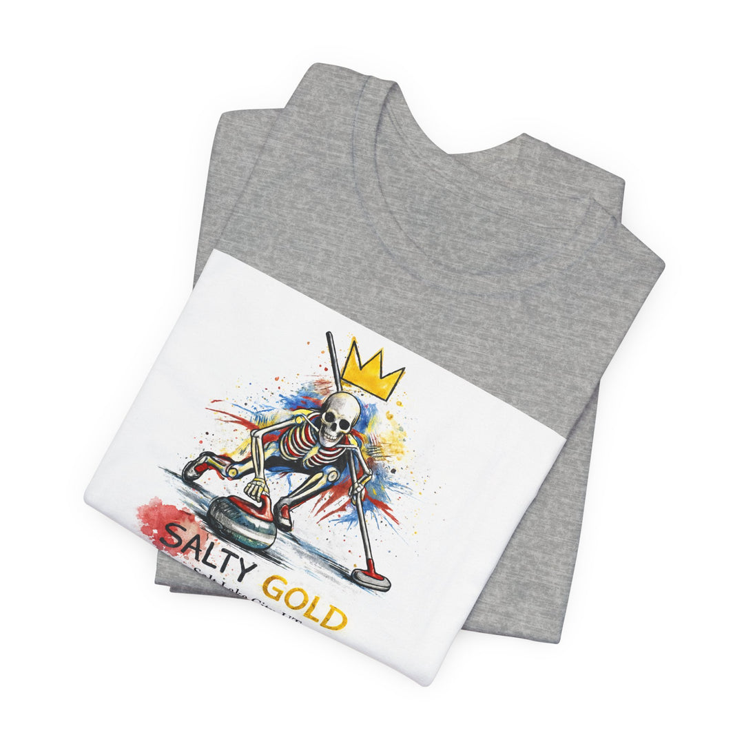 Gray &amp; white SALTY GOLD Skeleton Curling Sweep Tee. Colorful design, skeleton with gold crown.