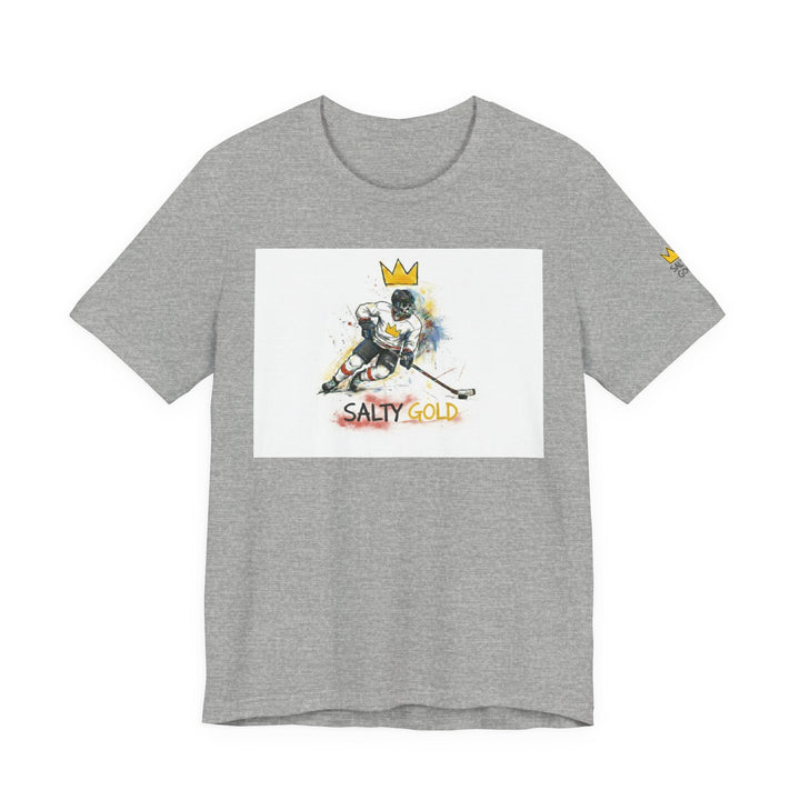 Grey Salty Gold tee w/ stylized hockey player, crown graphic &amp; colorful splashes. Olympic Oval Short Track.