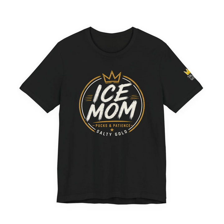 Black Ice Mom hockey t-shirt, gold crown, white &