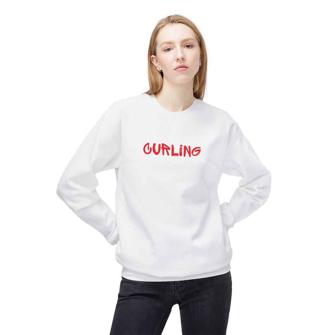 Curling Crewneck Sweatshirt - Red Script Curling Pullover - Printify | Salty Gold Supply Co.