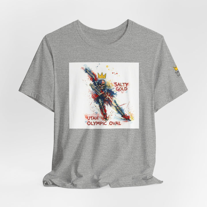 Grey SALTY GOLD // LONG TRACK SKELETON TEE with colorful speed skater skeleton, gold crown, Utah Olympic Oval.