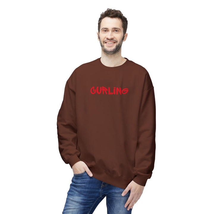 Curling Crewneck Sweatshirt - Red Script Curling Pullover - Printify | Salty Gold Supply Co.