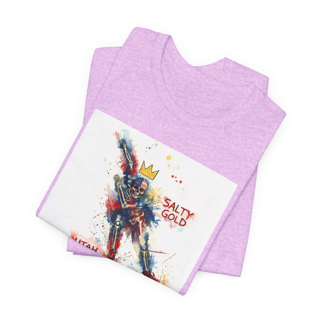 Lavender SALTY GOLD Long Track Skeleton Tee. Heather fabric with vibrant red, blue, yellow watercolor art.