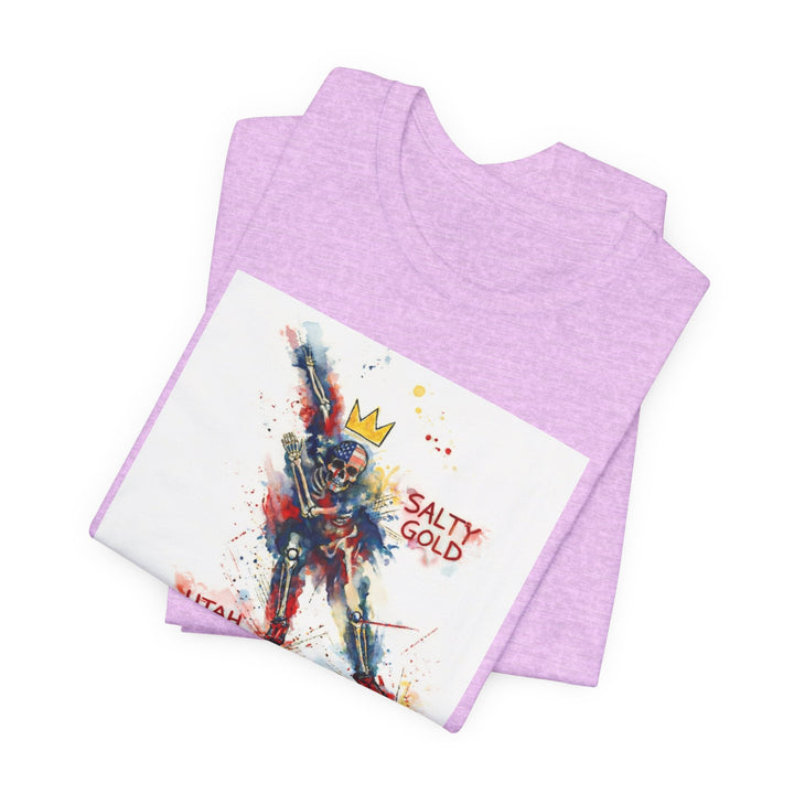 Lavender SALTY GOLD Long Track Skeleton Tee. Heather fabric with vibrant red, blue, yellow watercolor art.