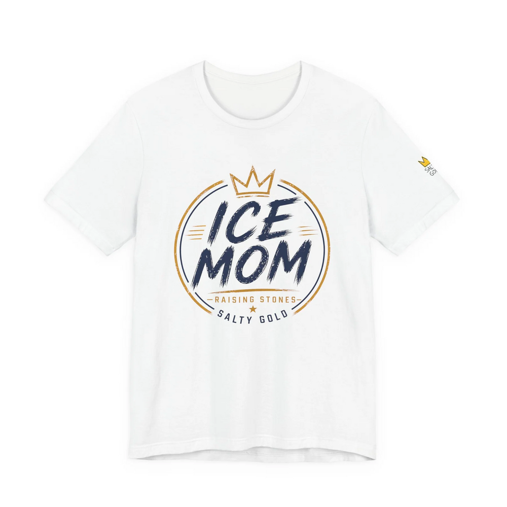 White Ice Mom // Raising Stones tee with navy and gold graphic. Features crown and Salty Gold branding.