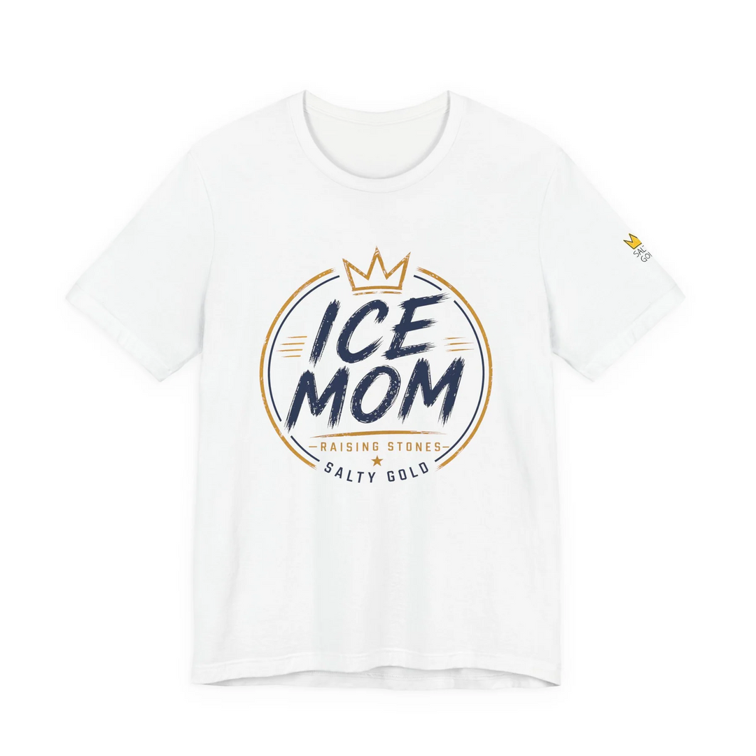 White Ice Mom // Raising Stones tee with navy and gold graphic. Features crown and Salty Gold branding.