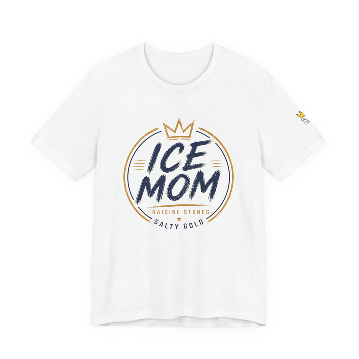 White Ice Mom // Raising Stones tee with navy and gold graphic. Features crown and Salty Gold branding.