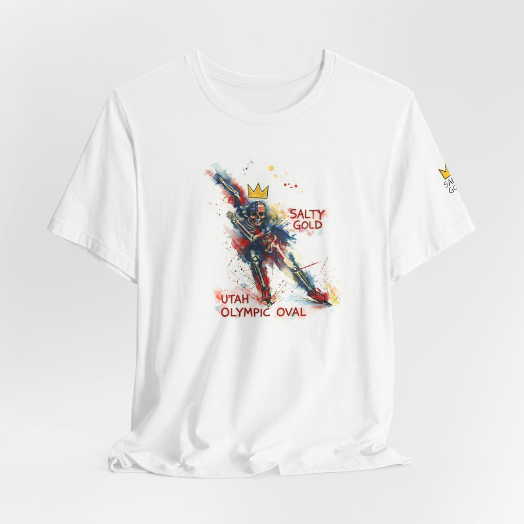 Salty Gold Long Track Skeleton T-shirt. White tee with multi-color speed skater graphic, Utah Olympic Oval.