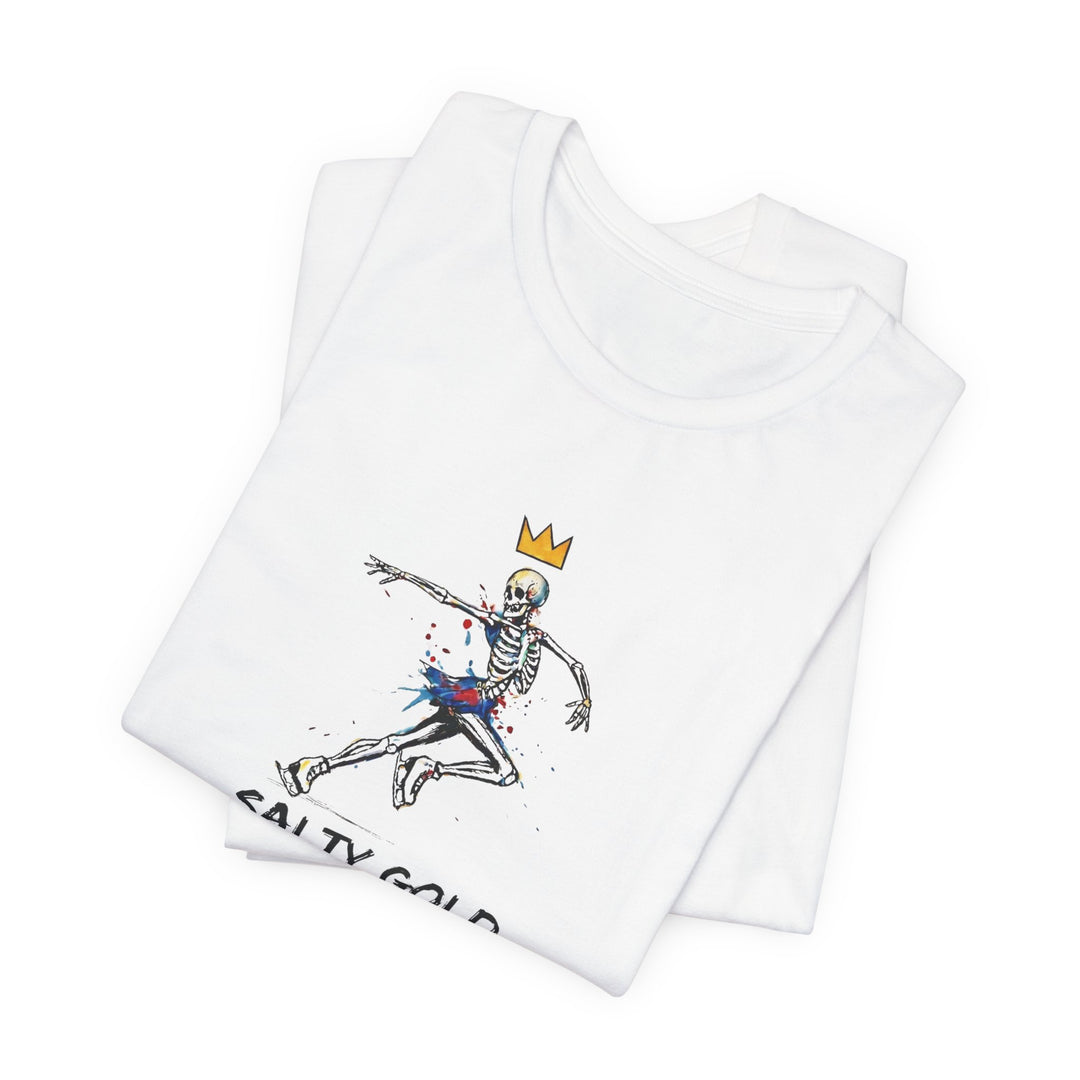 White Salty Gold skeleton figure skating tee. Multicolor design with gold crown.