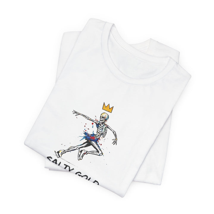 White Salty Gold skeleton figure skating tee. Multicolor design with gold crown.