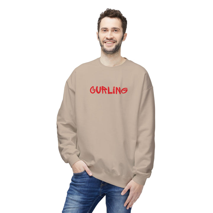 Curling Crewneck Sweatshirt - Red Script Curling Pullover - Printify | Salty Gold Supply Co.