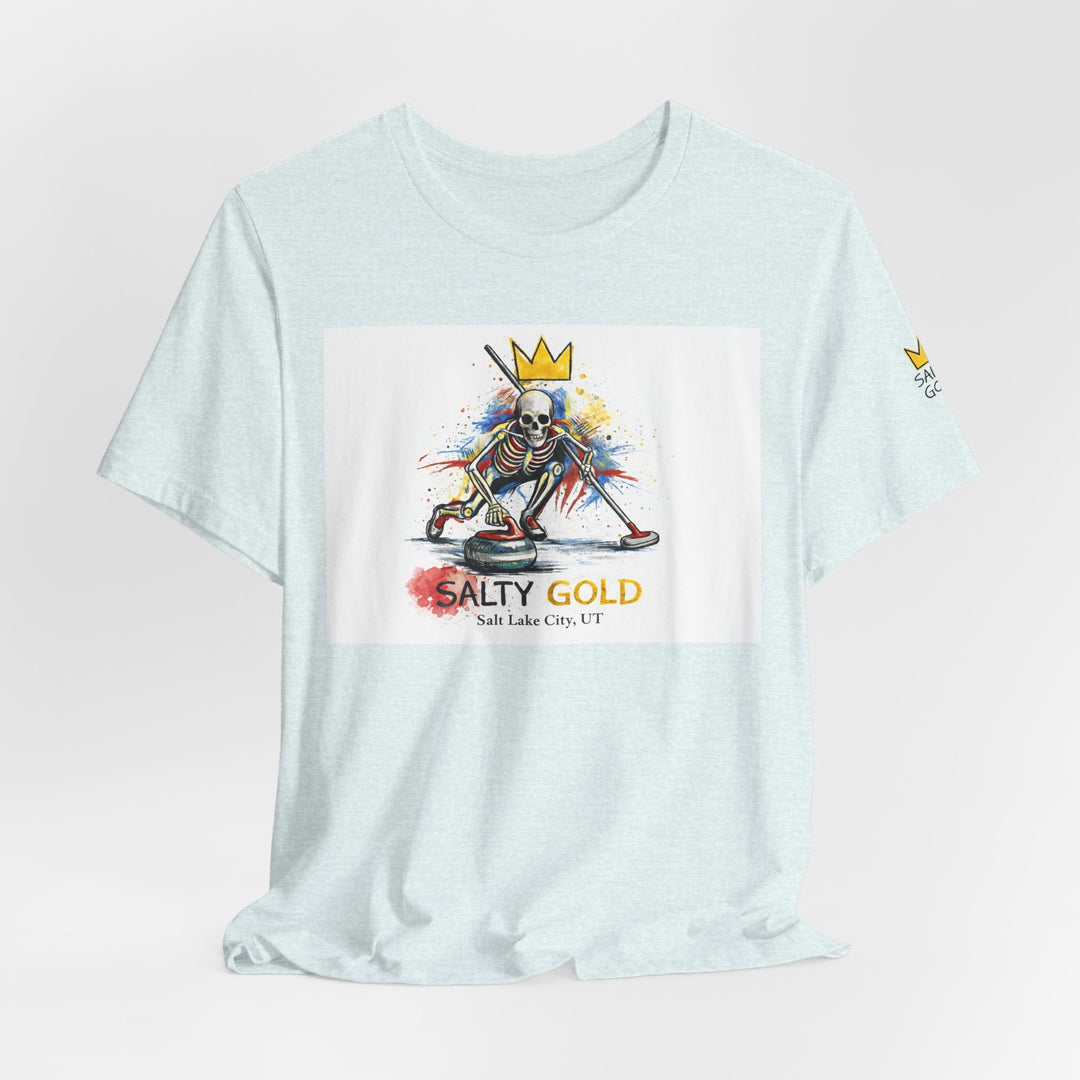 Light blue Salty Gold skeleton curling sweep tee with colorful graphic of a crowned skeleton.