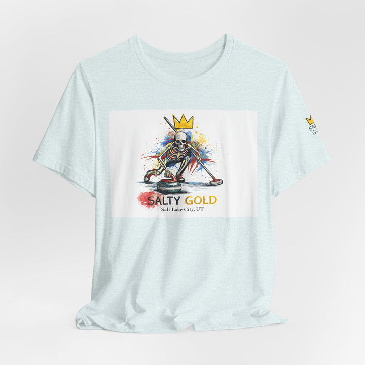 Light blue Salty Gold skeleton curling sweep tee with colorful graphic of a crowned skeleton.