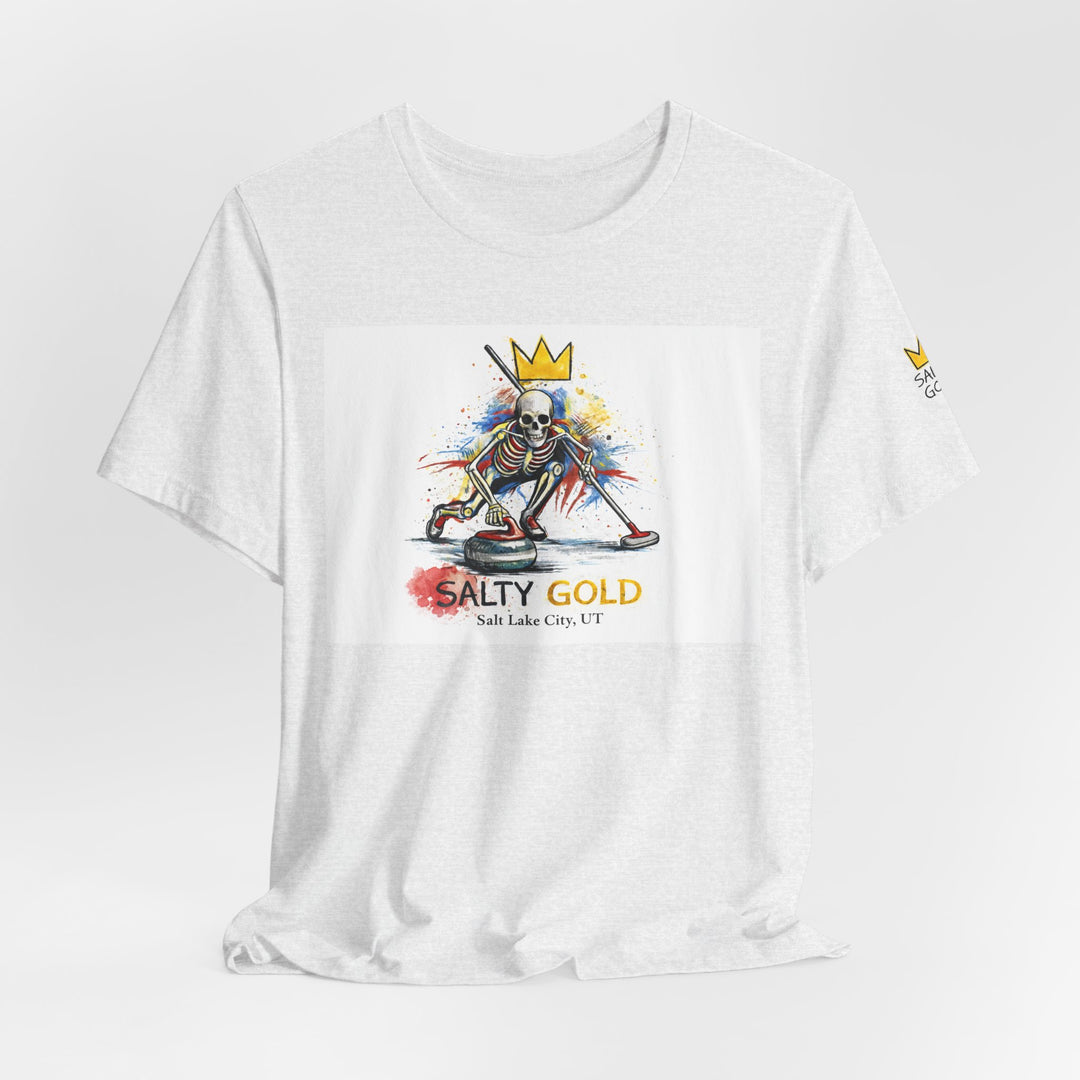 White SALTY GOLD // SKELETON CURLING SWEEP TEE with vibrant graphic, gold crown. Salt Lake City UT.
