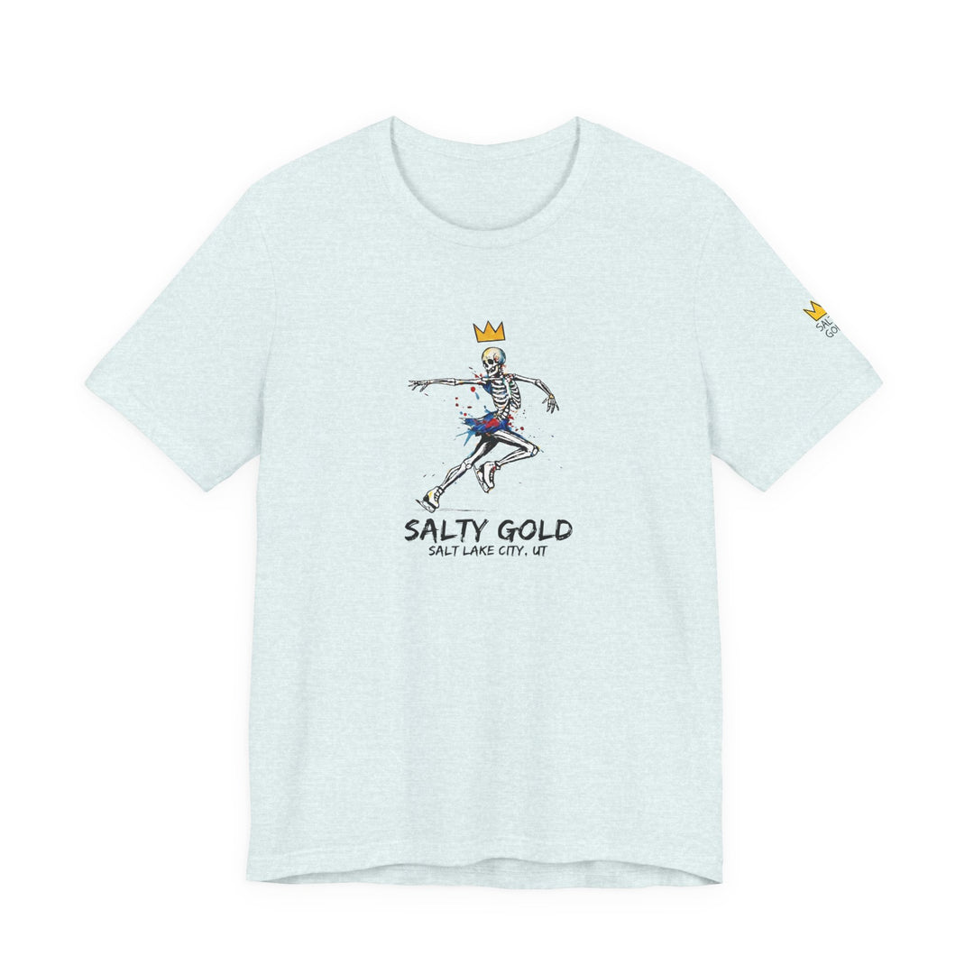Light blue Salty Gold Skeleton Figure Skating Tee with a gold crown and colorful splatters graphic.