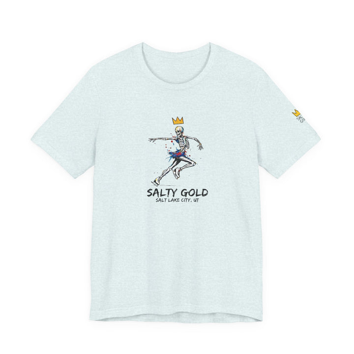 Light blue Salty Gold Skeleton Figure Skating Tee with a gold crown and colorful splatters graphic.