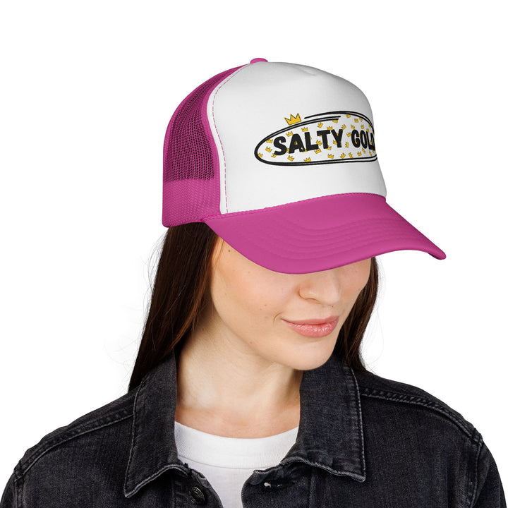 Salty Gold Trucker Cap — Crowned Leopard Logo Mesh Hat