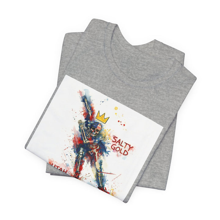 Gray Salty Gold Long Track Skeleton T-shirt with colorful American flag skeleton design and gold crown.