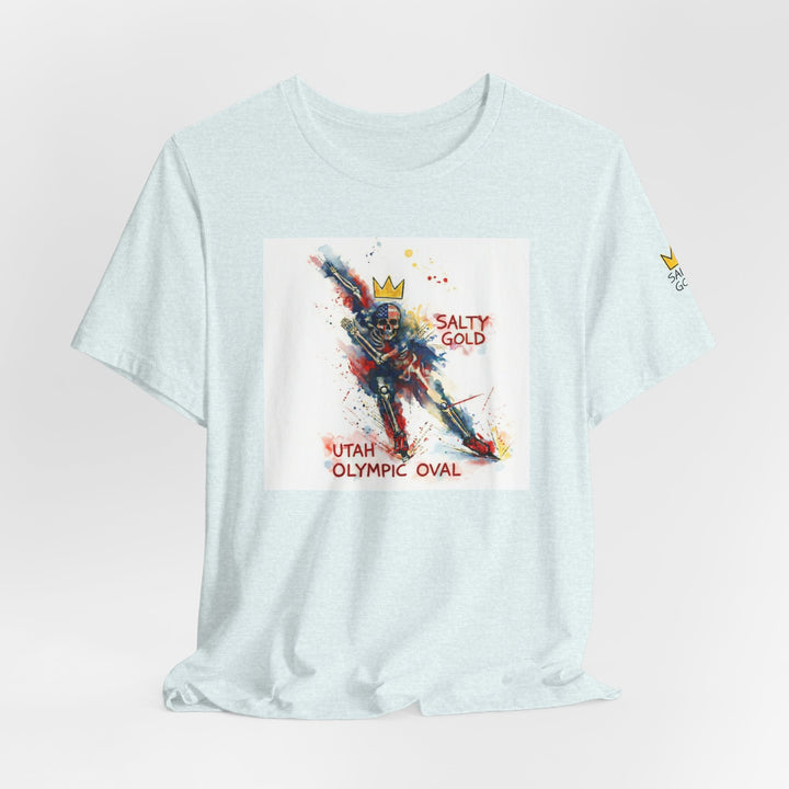Light blue Salty Gold Long Track Skeleton Tee with colorful watercolor skeleton skater design and Utah Olympic Oval.