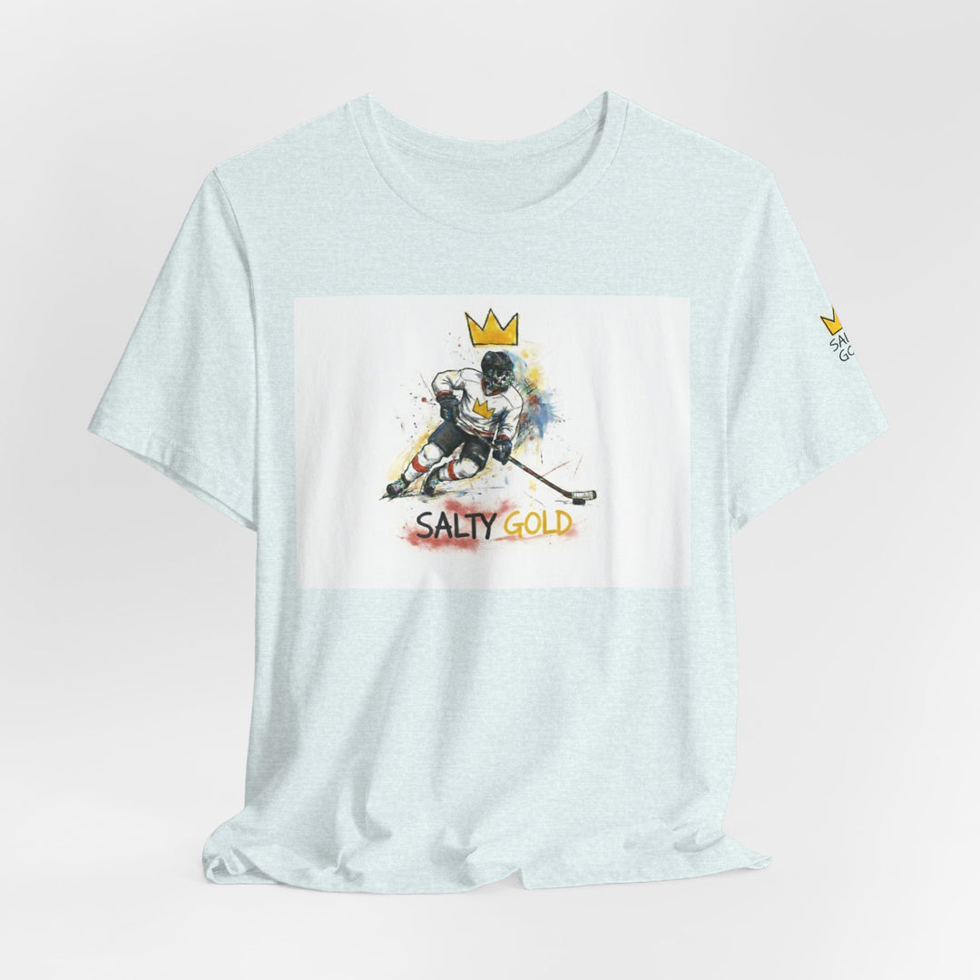 Light blue heather tee featuring Salty Gold Olympic short track skater graphic with crown and colorful splatters.